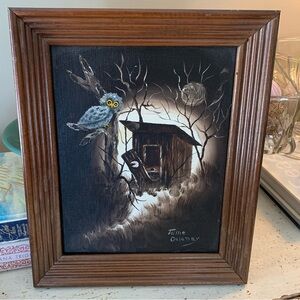 Vintage Owl Night Moon Woodland Nature Painting Twilight Trees